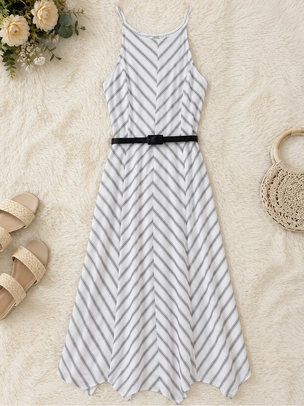 White House Black Market Black White Striped Maxi Dress Belted Dress Size 14